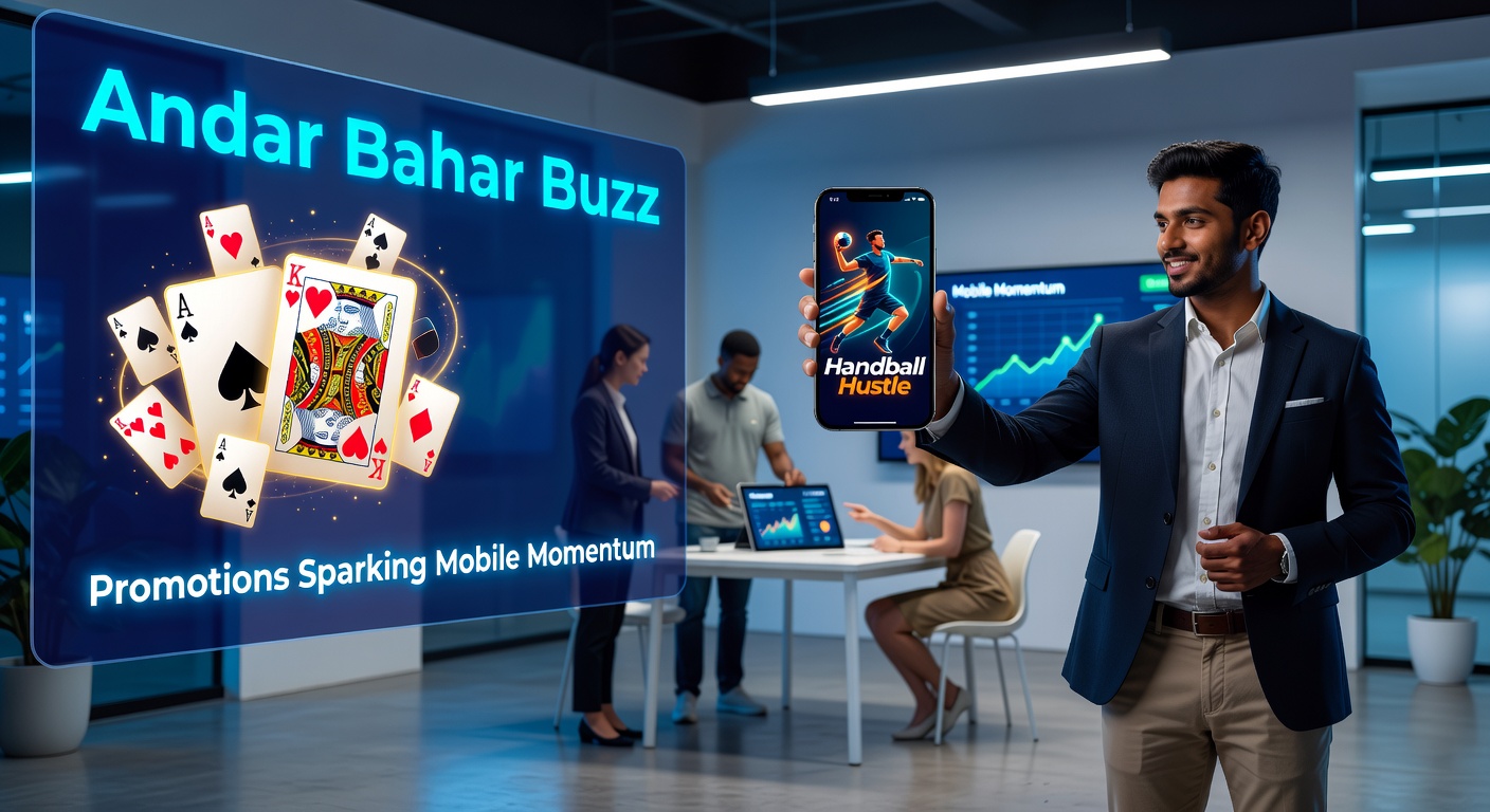 Schermafbeelding van een mobiele Andar Bahar Buzz promotie met levendige kaarten en bonussen die spelers aantrekken tijdens een handbalwedstrijd