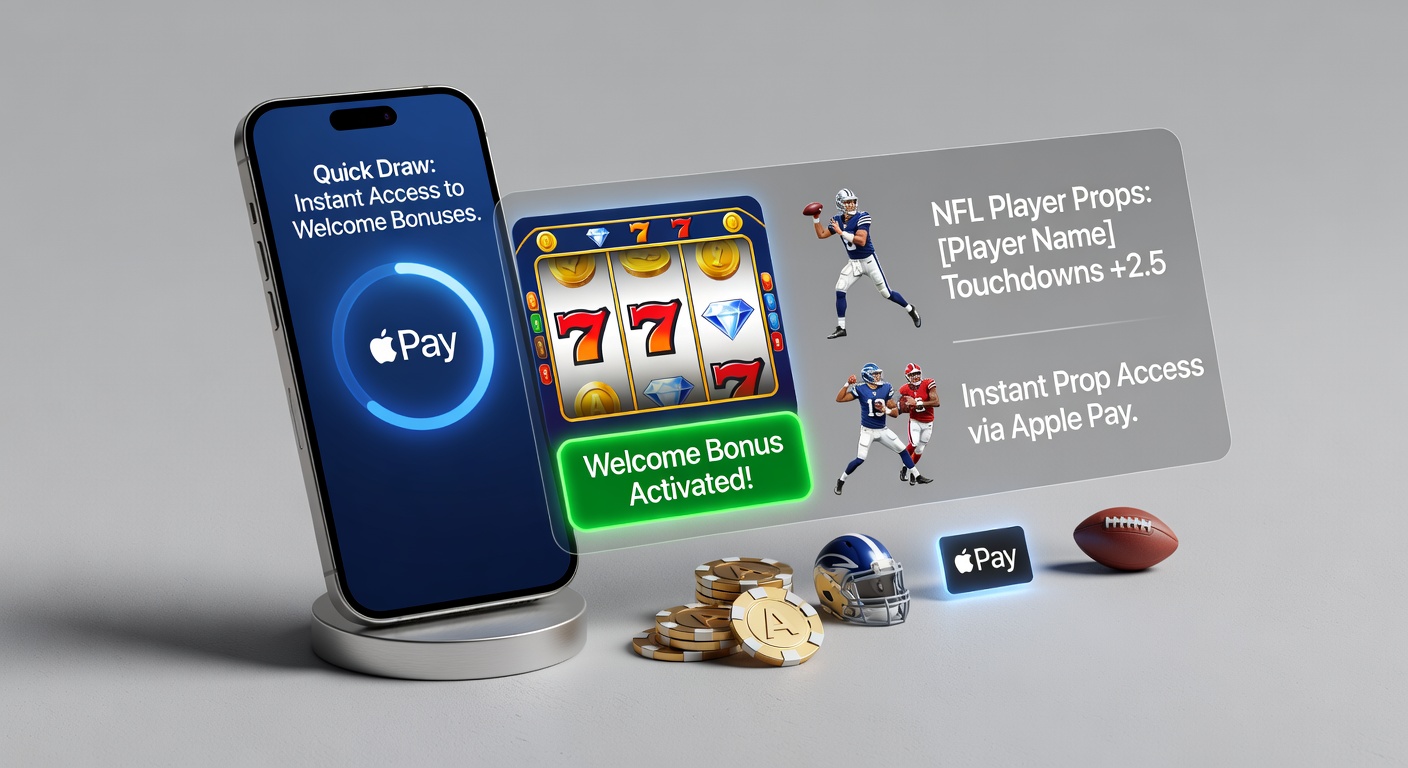 NFL speler in actie met overlay van Apple Pay Quick Draw betscherm en welkomstbonus icoon op mobiel scherm