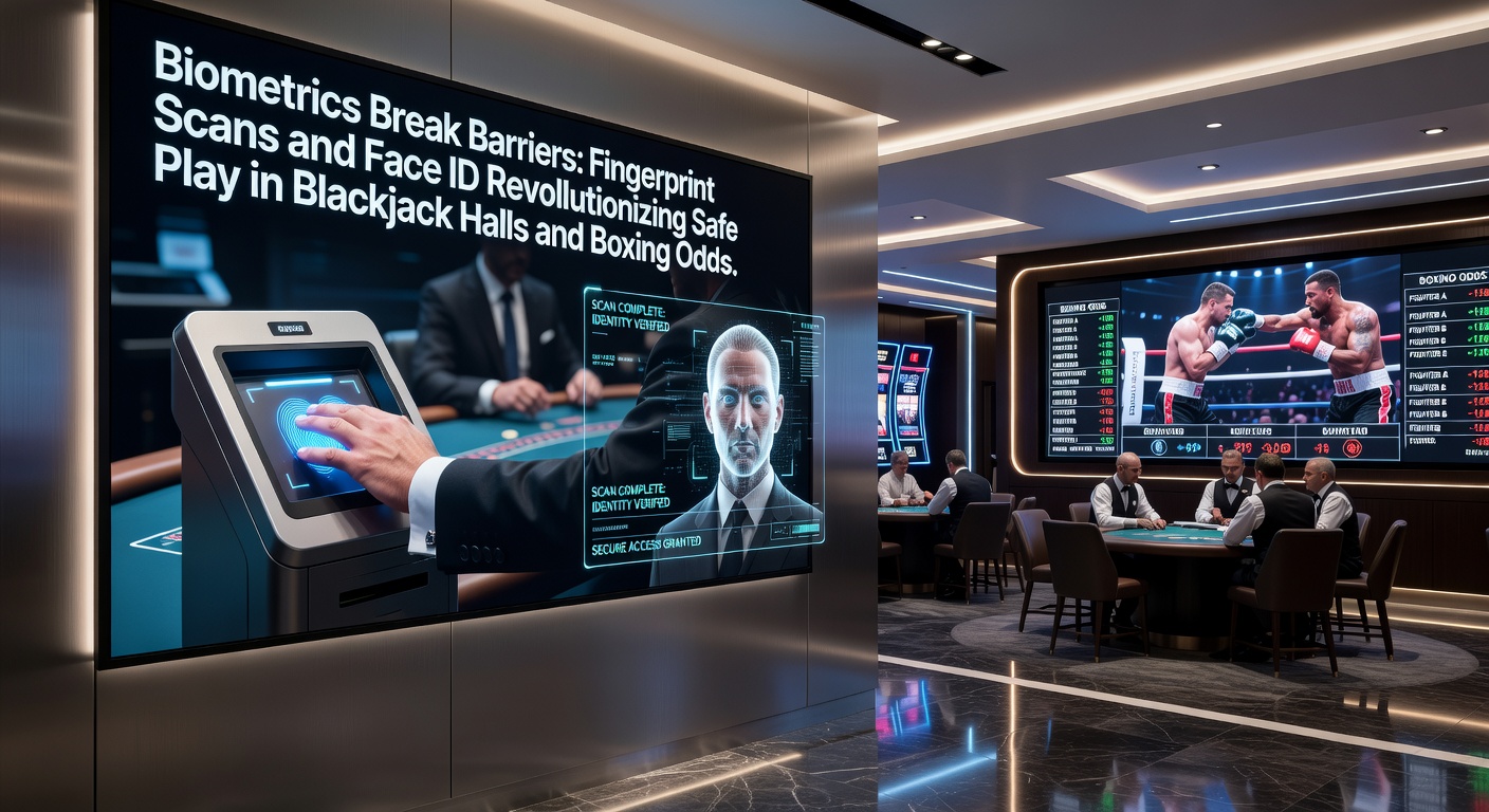 Afbeelding van een speler die Face ID gebruikt voor veilige toegang tot een blackjacktafel op een mobiel apparaat, met vingerafdrukscanner op de achtergrond