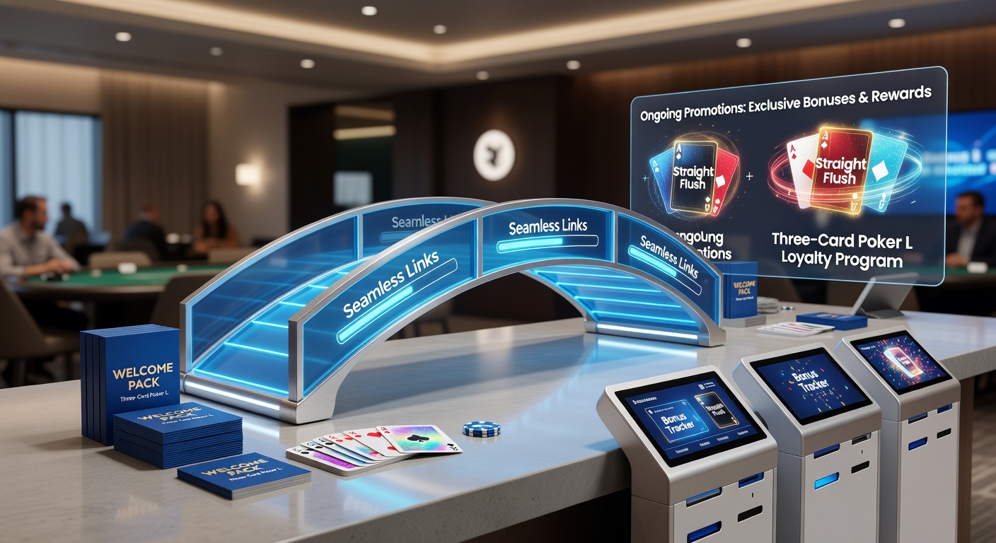 Live driekaartpoker tafel met overlay van bonuspromoties en darts odds boosts, demonstrerend de brug tussen welkomst- en lopende aanbiedingen