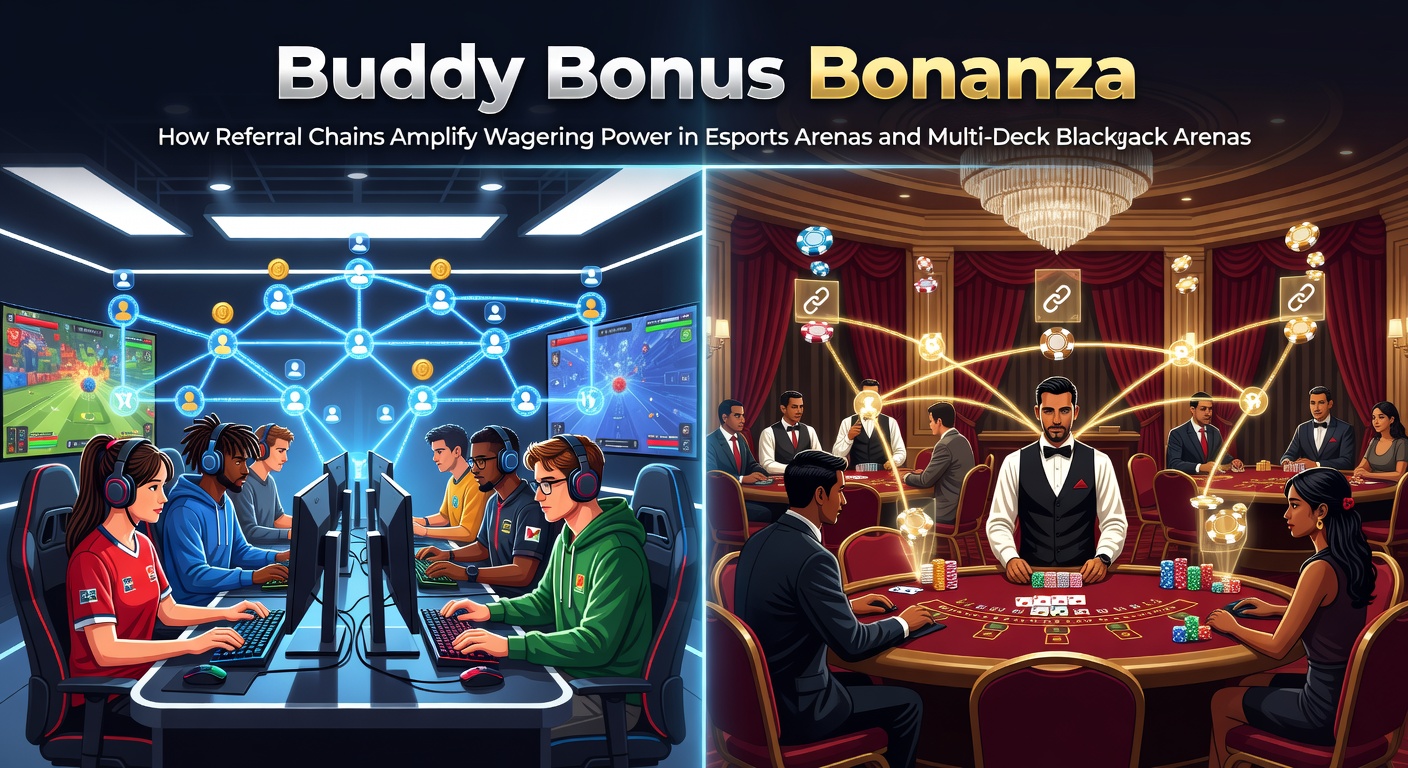 Grafische weergave van een kettingreactie in verwijzingsbonussen, met esports-logo's en blackjack-kaarten die power-ups symboliseren