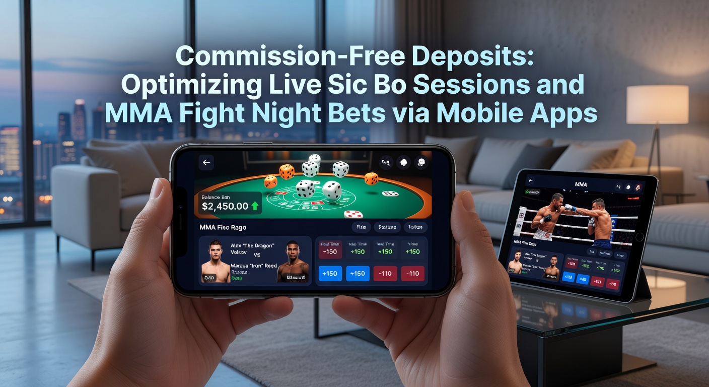 Smartphone-scherm met MMA odds en Sic Bo live feed, plus deposit-knop zonder commissie, symboliserend mobiele optimalisatie