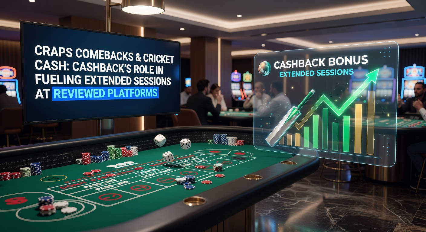 Speler gooit dobbelstenen aan een craps-tafel terwijl cashback-promoties op een digitaal scherm oplichten, met cricket-wedstrijd op de achtergrond