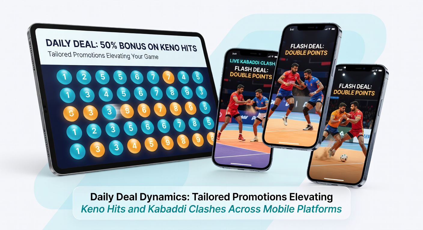 Dynamische Kabaddi-wedstrijd op mobiel scherm met overlay van dagelijkse promotie badges en Keno-ticket icons