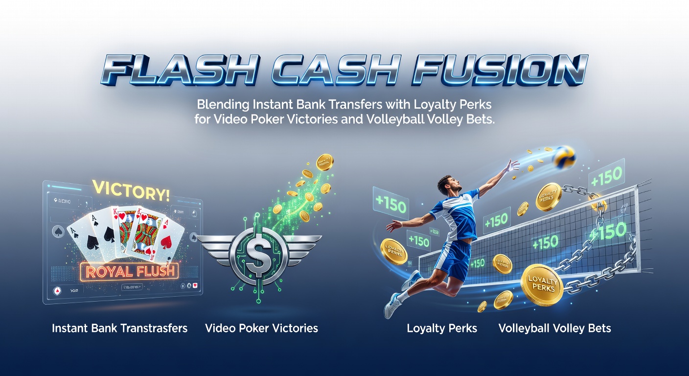 Afbeelding van een dynamische fusie tussen snelle banktransfers en loyaliteitspunten, met video poker schermen en volleybal weddenschappen op de achtergrond
