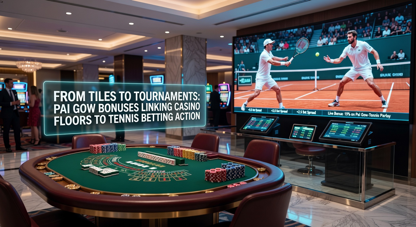 Pai Gow tegeltafel in een bruisend casino, met nabijgelegen schermen die live tenniswedstrijden tonen en bonuspromoties aankondigen