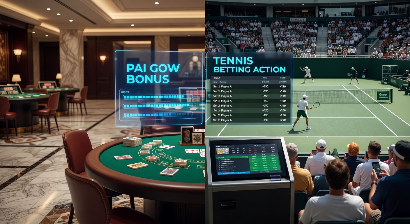 Schermopname van een mobiele app met Pai Gow bonusactivatie die leidt naar tennisweddenschappen op een ATP-toernooi, inclusief odds en promotiedetails