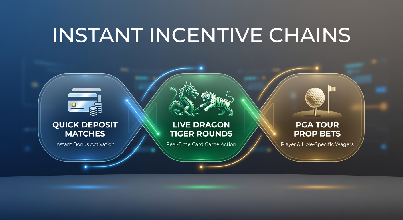 Grafiek van een keten van incentives met stortingsmatches, Dragon Tiger kaarten en PGA golfballen die verbonden zijn in een dynamische cyclus