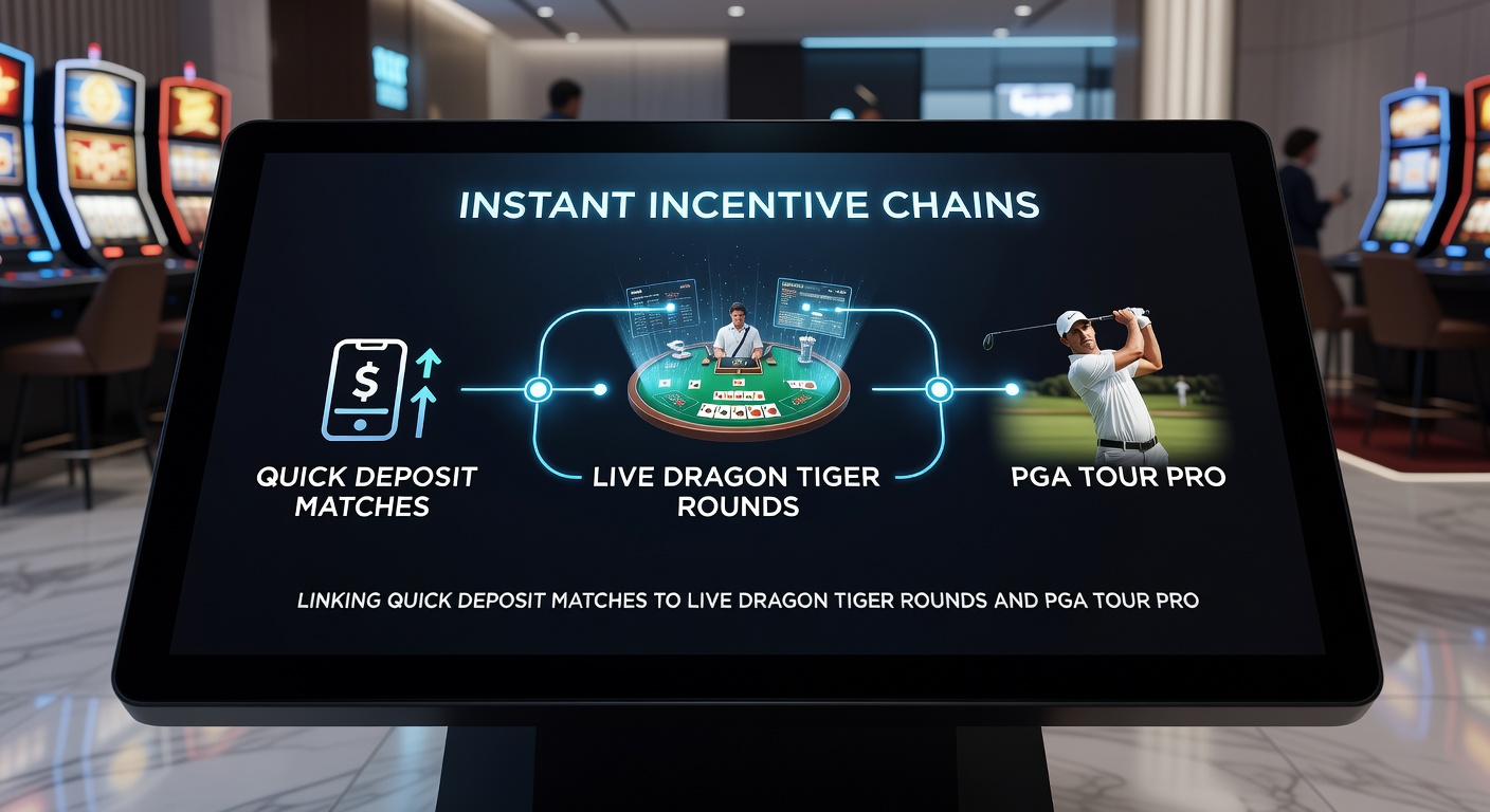 Live Dragon Tiger tafel met dealer en schermen vol PGA Tour prop bets, plus een stortingsmatch popup die de chain illustreert