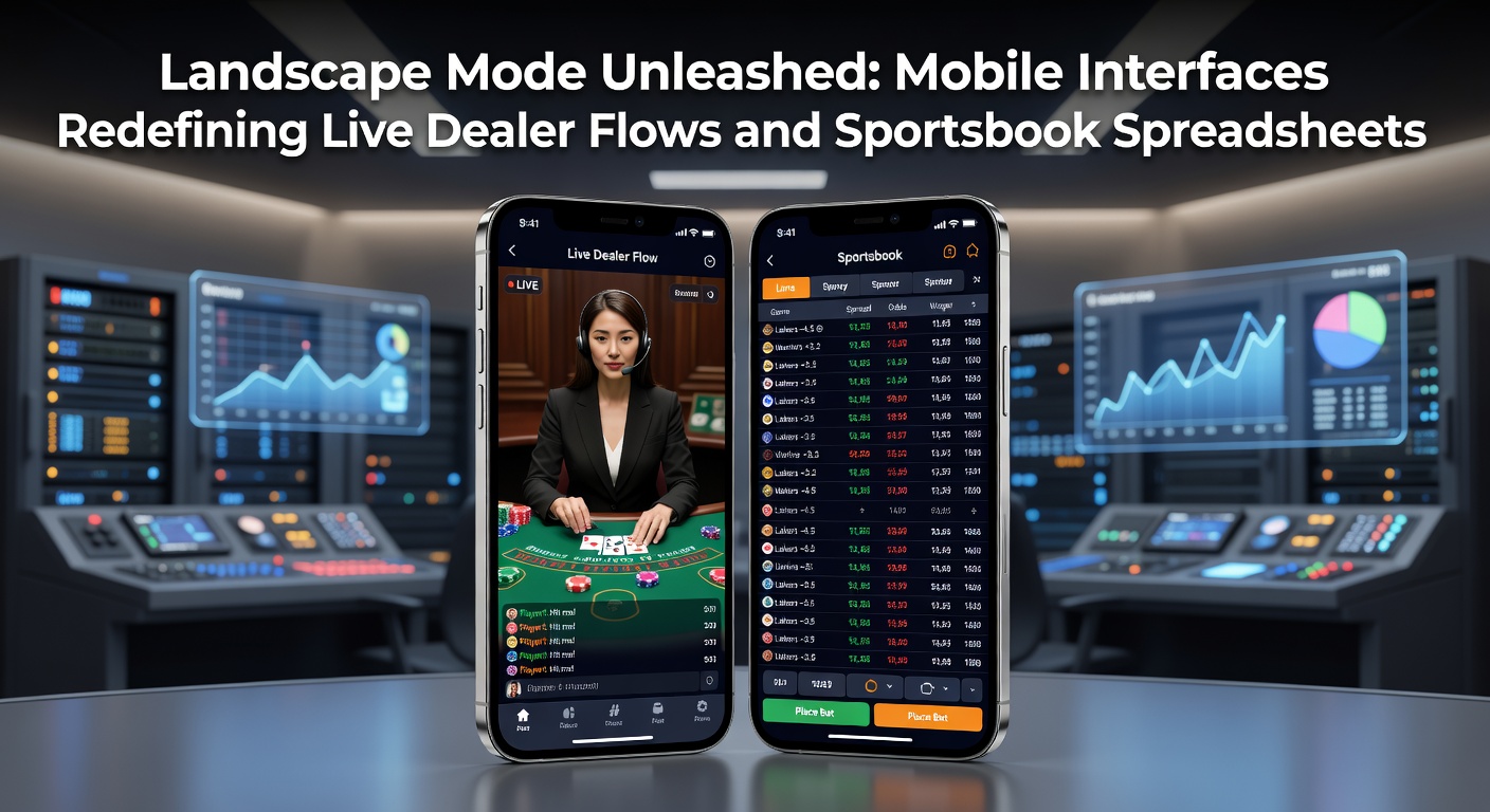 Mobiel scherm in landscape-modus toont live dealer-tafel met blackjack en side bets, naast een sportsbook-spreadsheet met live odds voor voetbalwedstrijden
