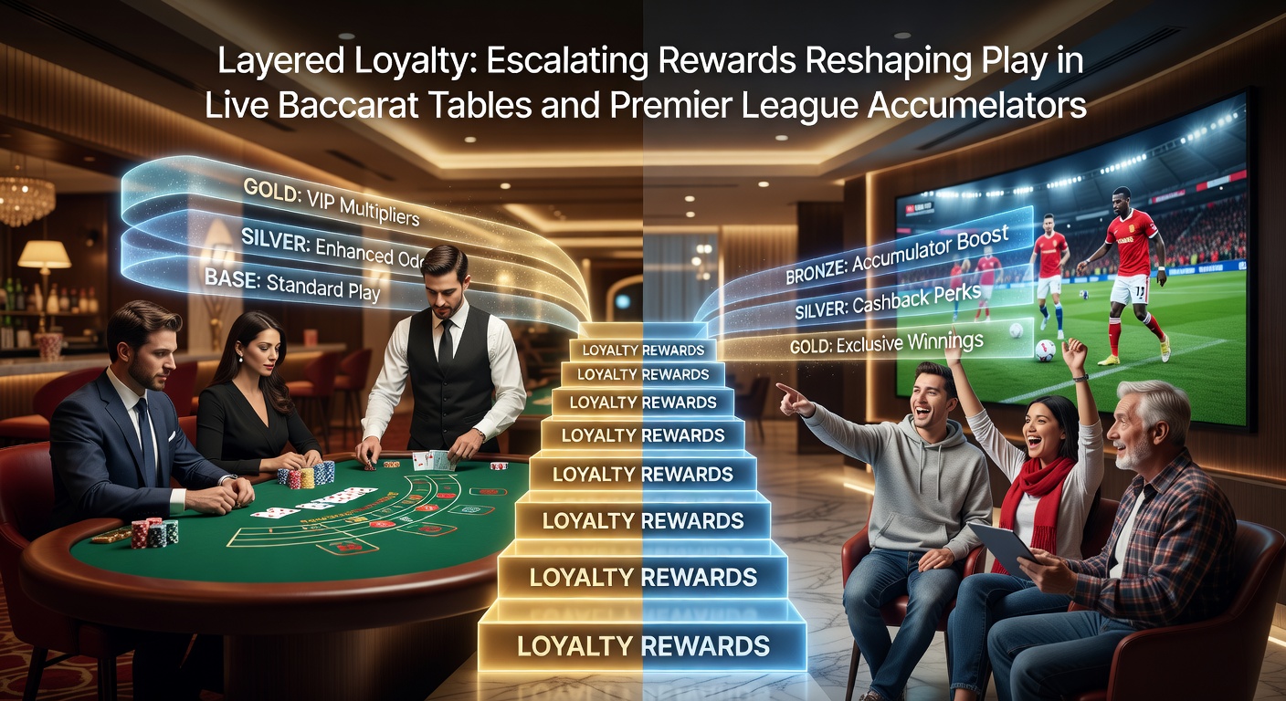 Grafiek van een loyaalheidsprogramma met escalerende niveaus in live baccarat en sportweddenschappen, tonen stijgende beloningen per tier