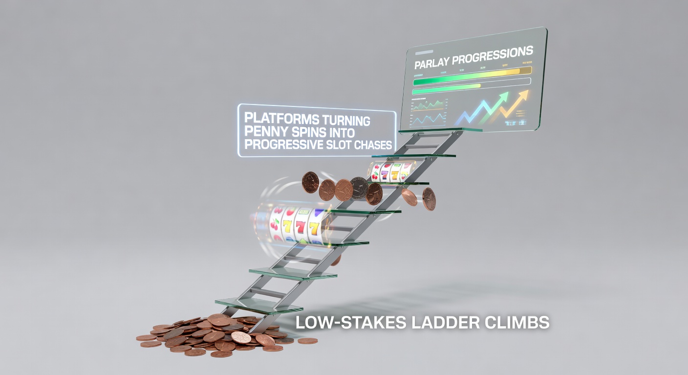 Grafische weergave van een ladder met munten die laag-inzet bets beklimmen naar progressieve jackpots en parlay-ketens