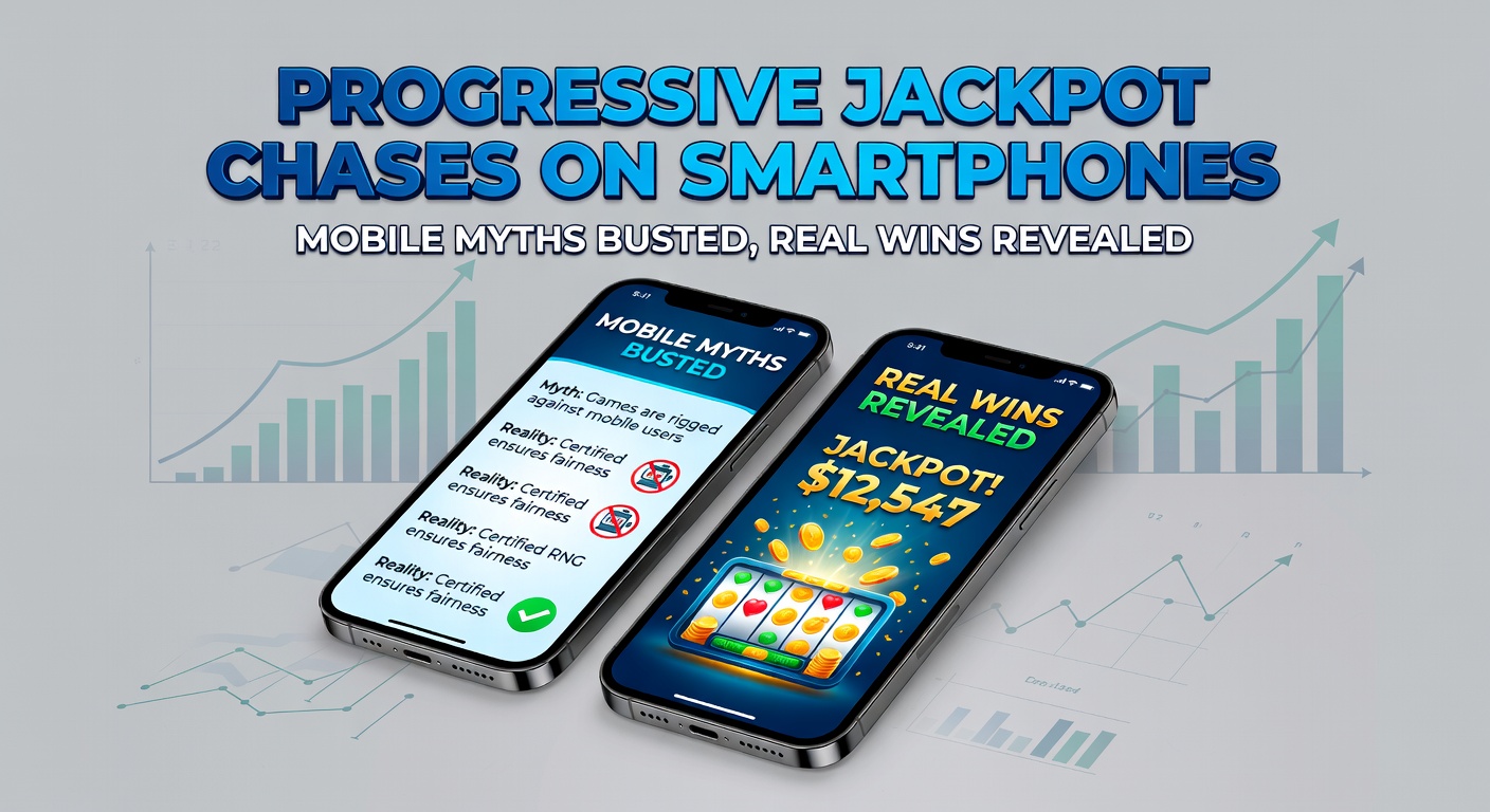 Grafiek met stijgende mobiele jackpot winsten en busted mythes icoontjes