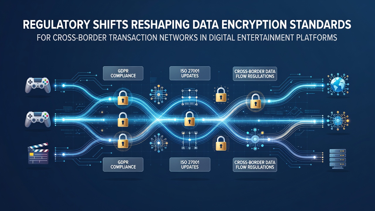 Illustratie van encryptieprotocollen en grensoverschrijdende datastromen in digitale entertainmentnetwerken