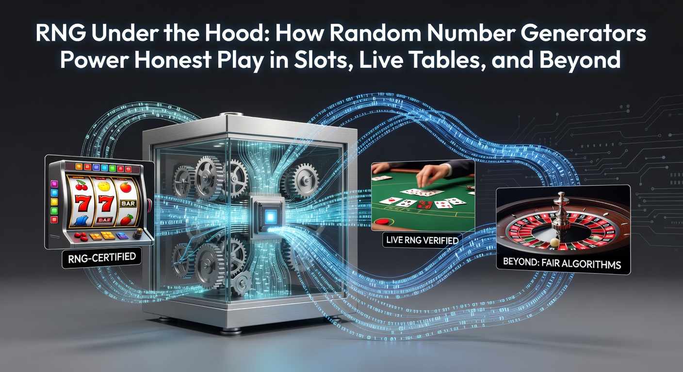 Schematische weergave van een RNG-algoritme dat willekeurige uitkomsten genereert voor online gokspellen, met grafieken en codefragmenten