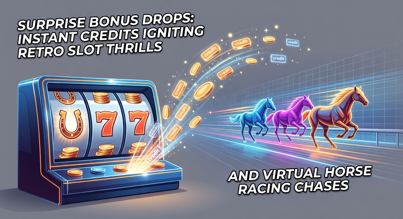 Spannende retro slot machine met vallende bonus credits en een virtuele paardenrace op de achtergrond