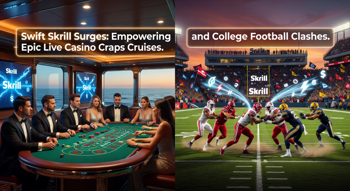 Dynamische scène van een live craps-tafel met Skrill-logo en college football actie op een mobiel scherm