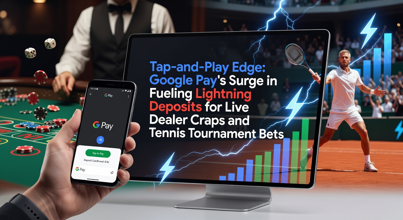 Smartphone met Google Pay app die een snelle storting activeert voor een live craps tafel, met tennis toernooi odds op de achtergrond