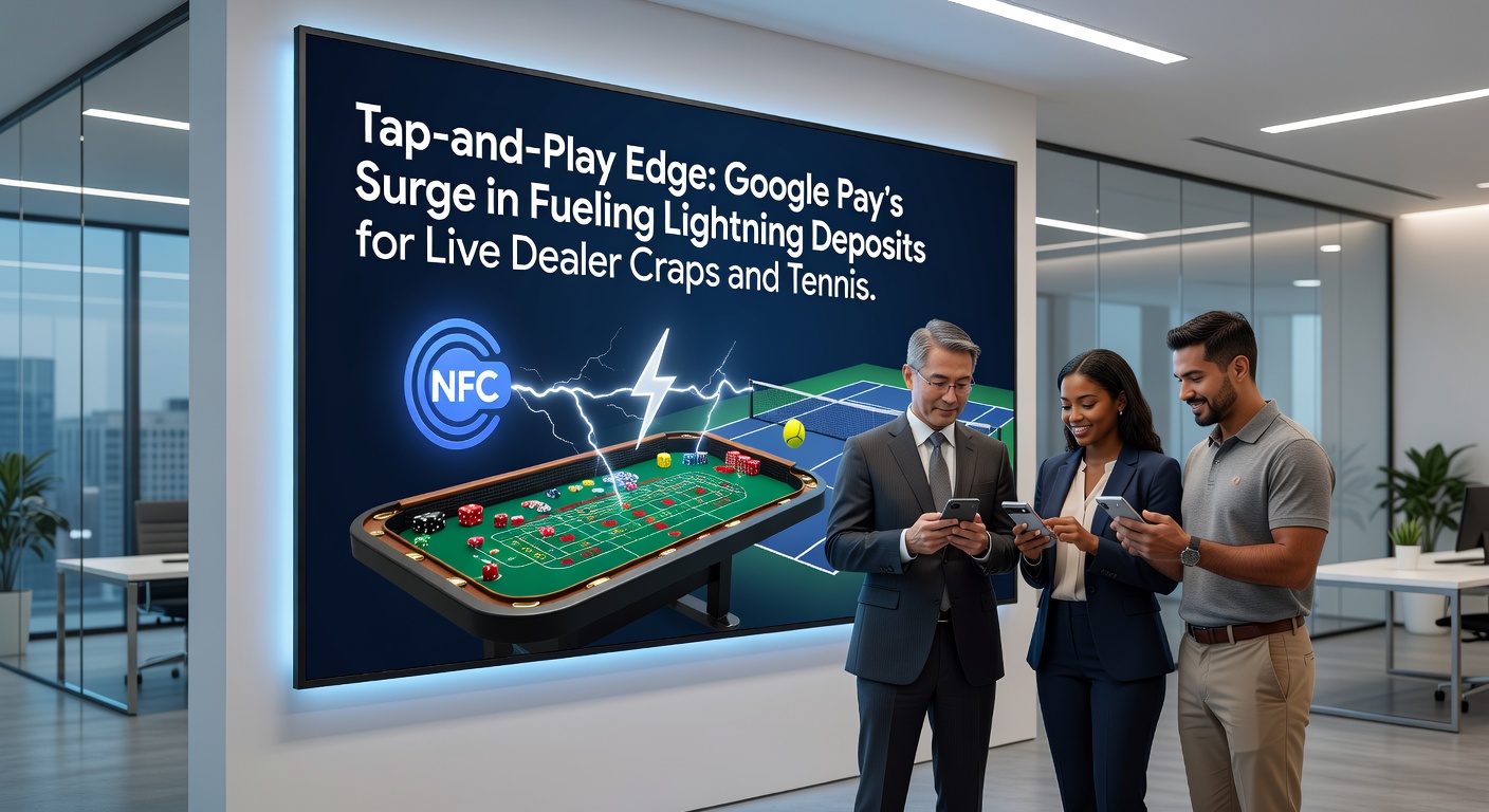 Live craps dealer gooit dobbelstenen op een digitaal scherm naast een tenniswedstrijd met Google Pay depositknop zichtbaar