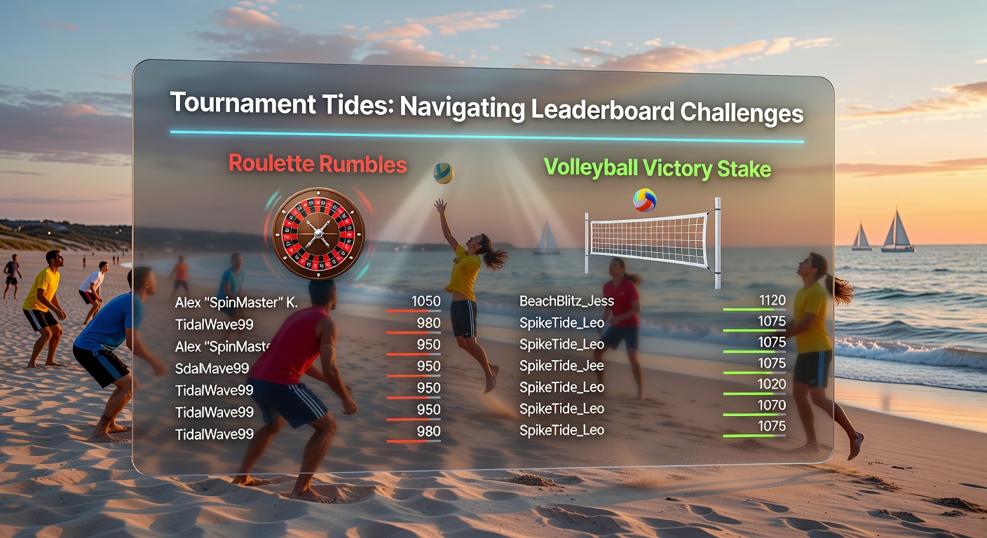 Volleybalspelers in actie tijdens een Victory Stakes-wedstrijd, met overlay van een competitief leiderbord