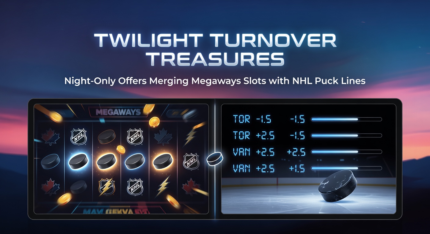 Schermafbeelding van een nachtelijke gokinterface met gloeiende Megaways slots en NHL puck line weddenschappen, verlicht door sterren en ijsbanen