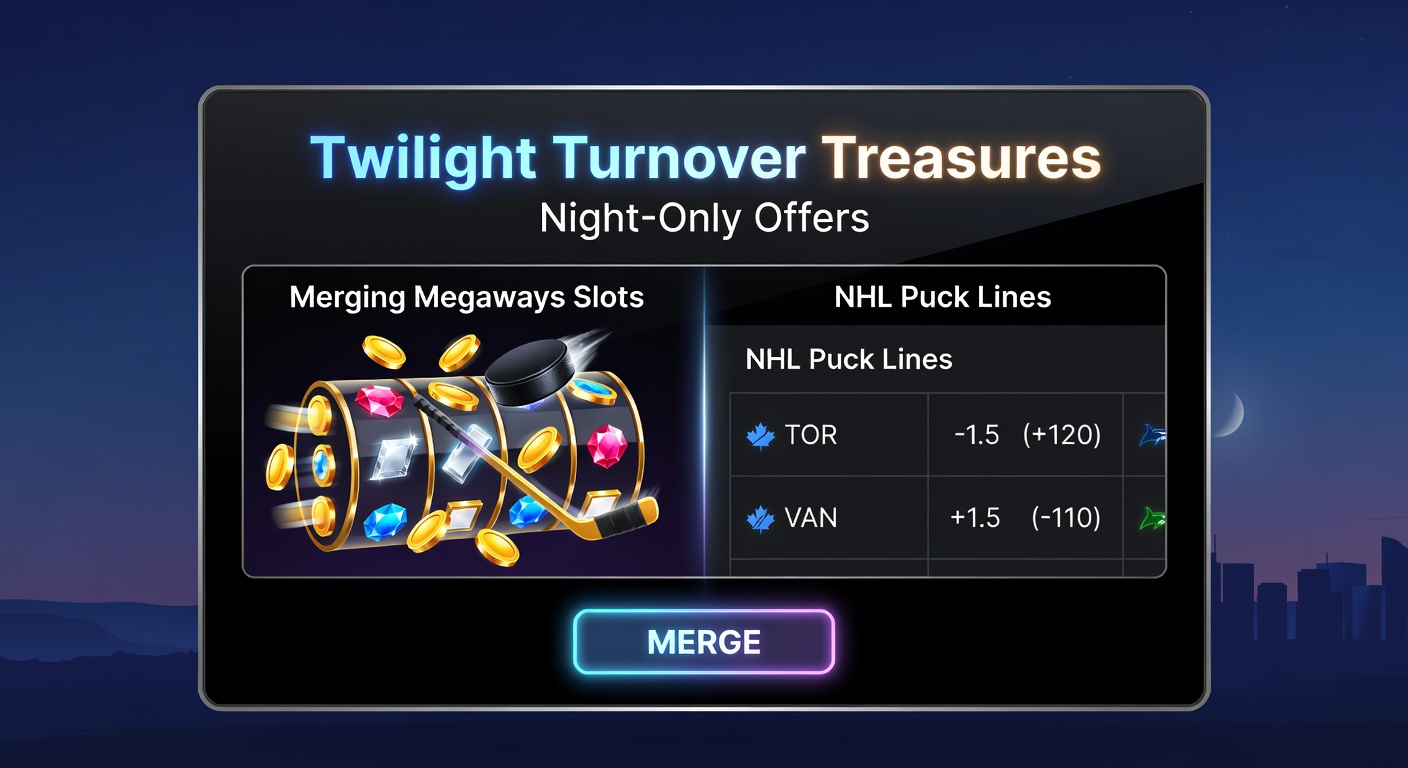 Dynamische collage van een Megaways slotwiel dat overgaat in een NHL ijshockeypuck met glowende turnover bonussen en nachtelijke sterrenhemel