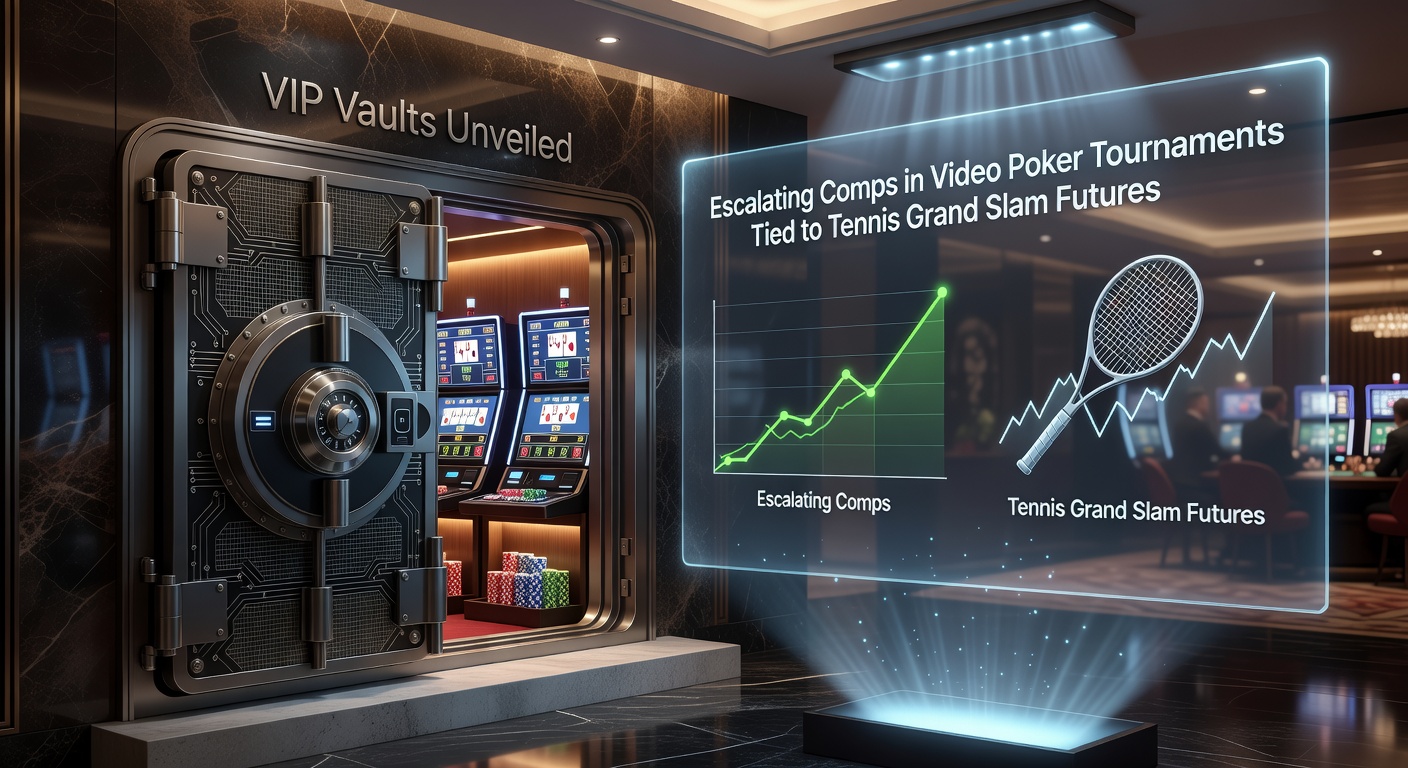 Spannende video poker toernooi actie met tennis Grand Slam futures op de achtergrond, VIP-beloningen in de schijnwerpers