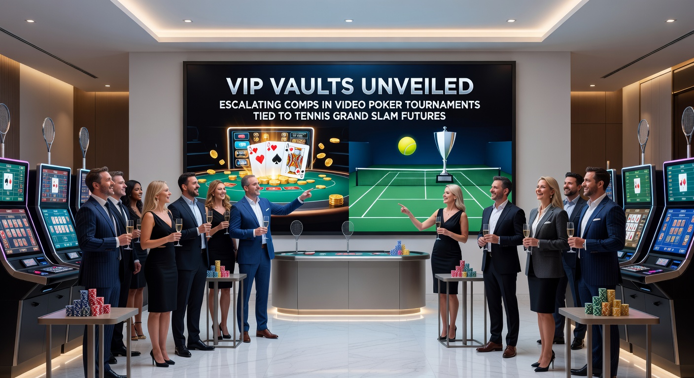 VIP-speler ontgrendelt een comp vault tijdens een video poker toernooi, met tennis Grand Slam odds zichtbaar op scherm